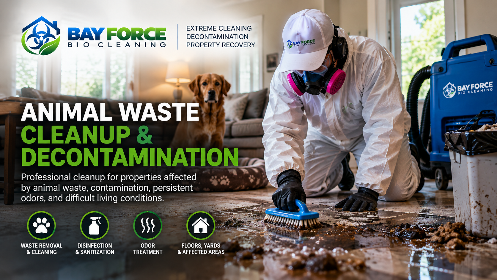 Professional animal waste cleanup and decontamination by Bay Force Bio Cleaning