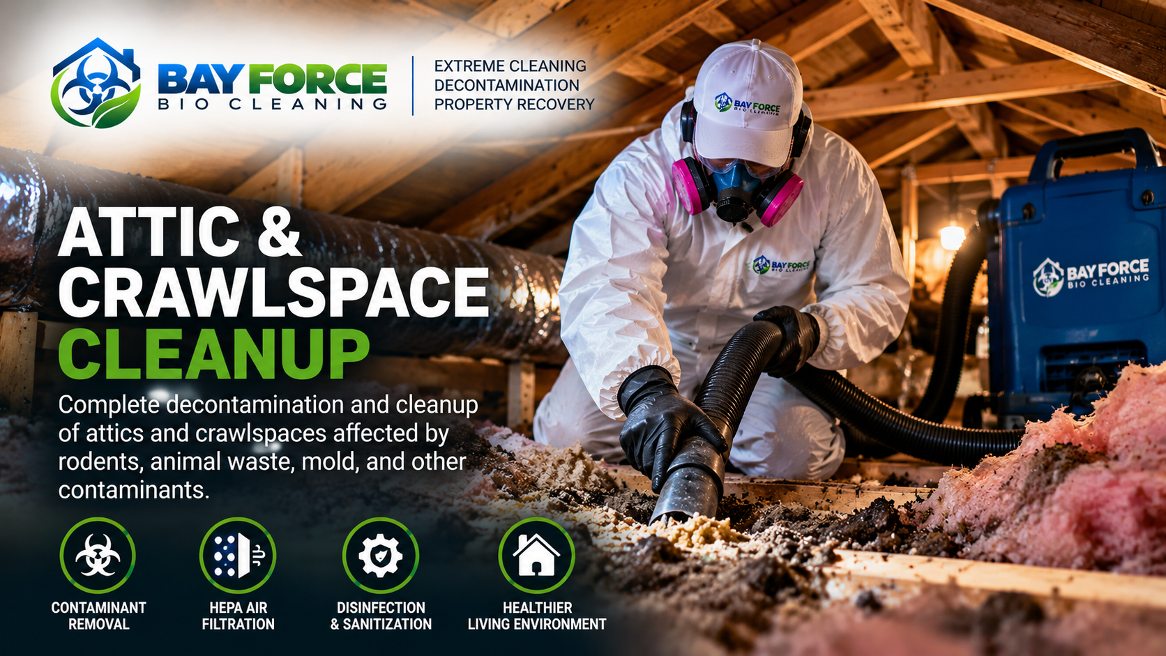 Professional attic and crawlspace cleanup and decontamination by Bay Force Bio Cleaning